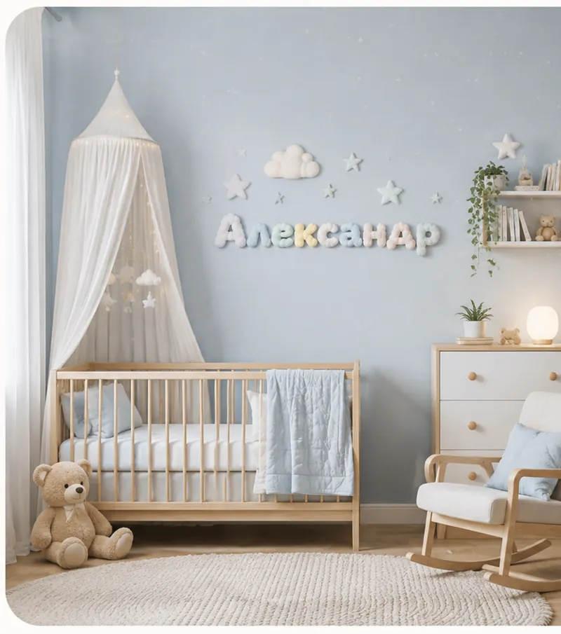 Объёмные облачные буквы «Александр» на стене детской комнаты