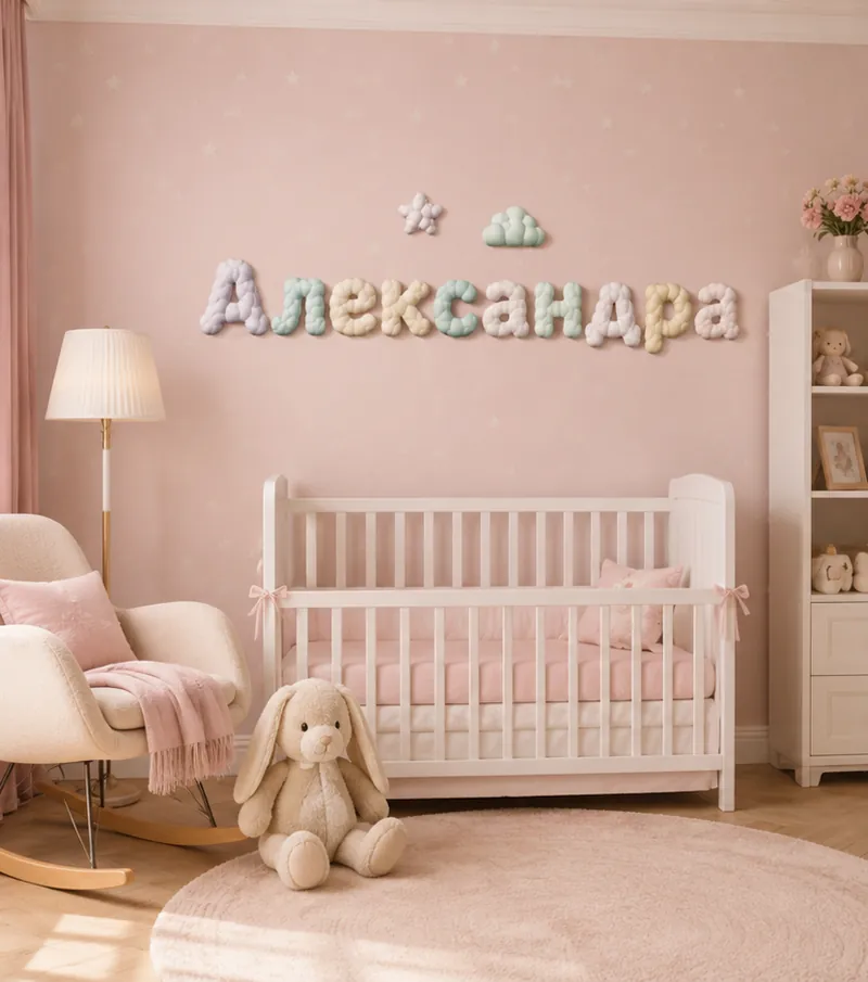 Объёмные облачные буквы «Александра» на стене детской комнаты
