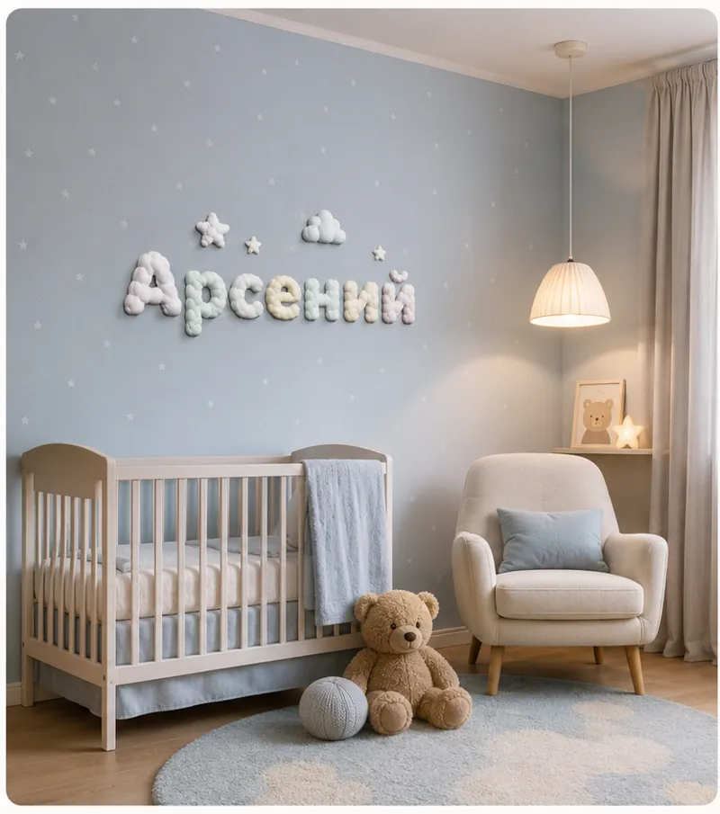 Объёмные облачные буквы «Арсений» на стене детской комнаты