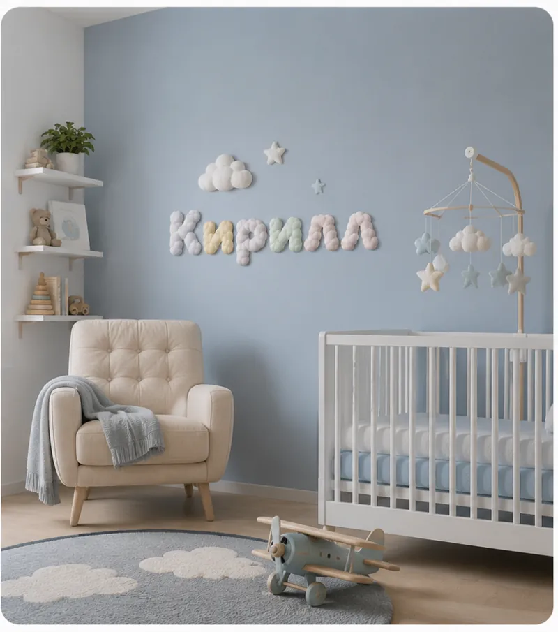 Объёмные облачные буквы «Кирилл» на стене детской комнаты