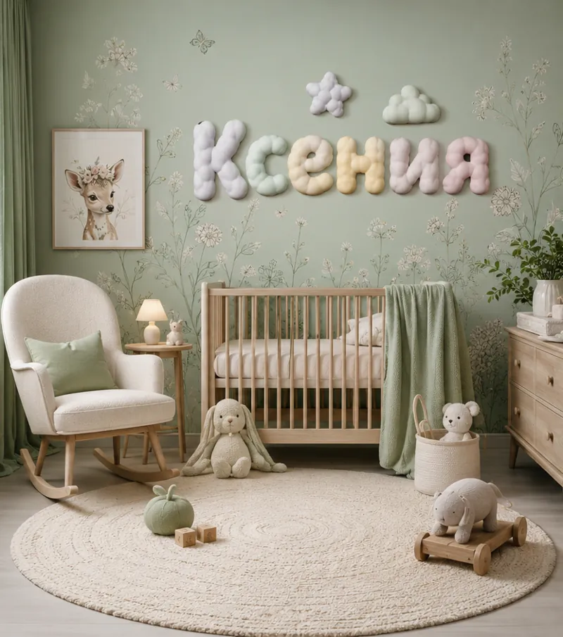 Объёмные облачные буквы «Ксения» на стене детской комнаты