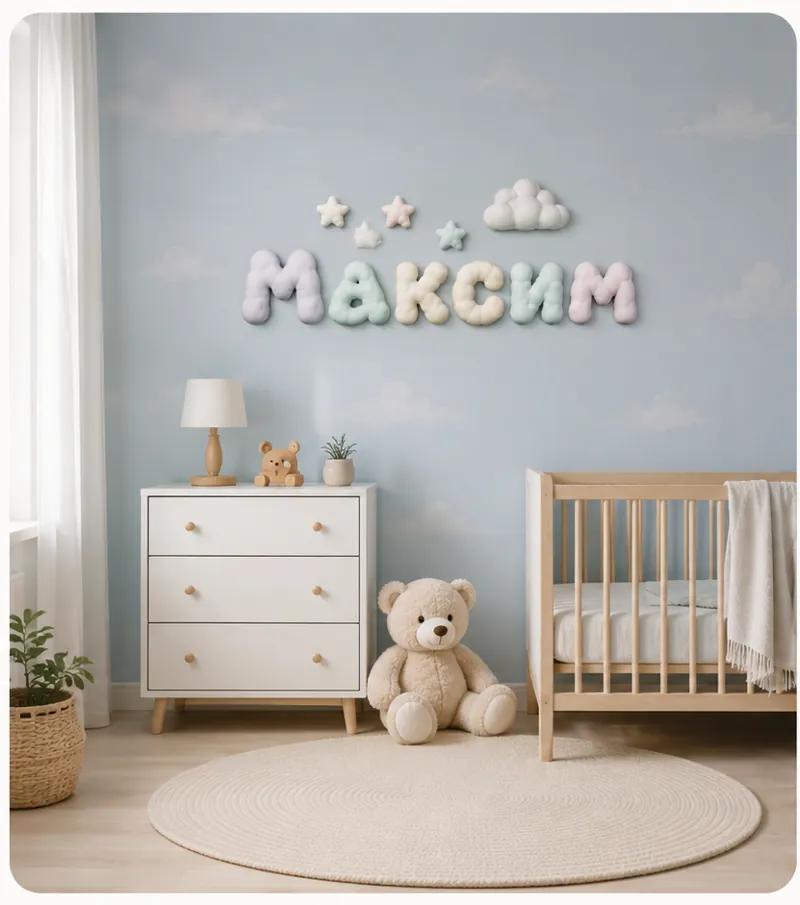Объёмные облачные буквы «Максим» на стене детской комнаты