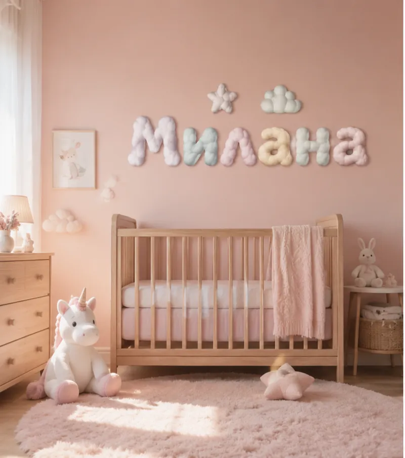 Объёмные облачные буквы «Милана» на стене детской комнаты