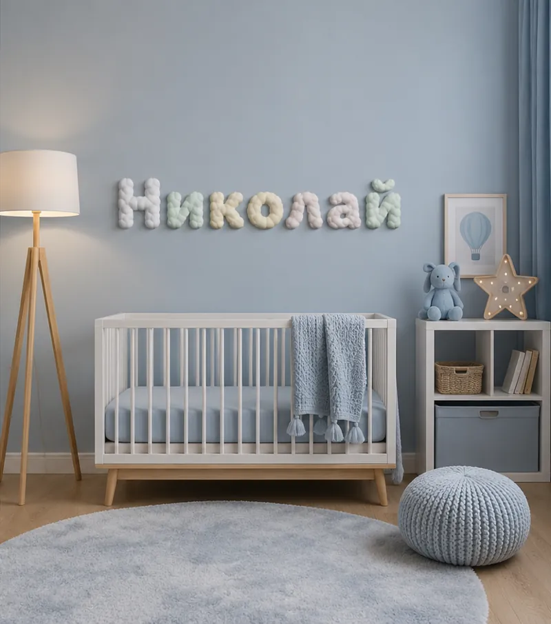 Объёмные облачные буквы «Николай» на стене детской комнаты