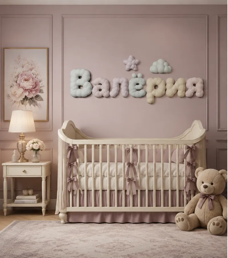 Объёмные облачные буквы «Валерия» на стене детской комнаты