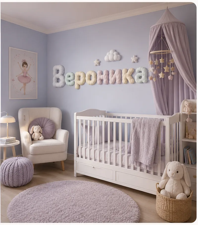 Объёмные облачные буквы «Вероника» на стене детской комнаты