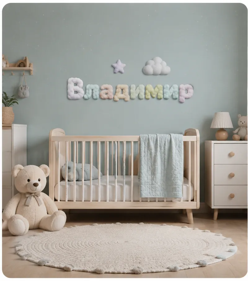 Объёмные облачные буквы «Владимир» на стене детской комнаты