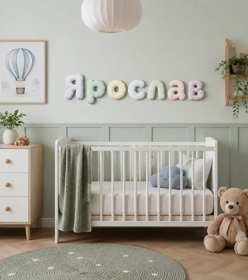 Объёмные облачные буквы «Ярослав» на стене детской комнаты