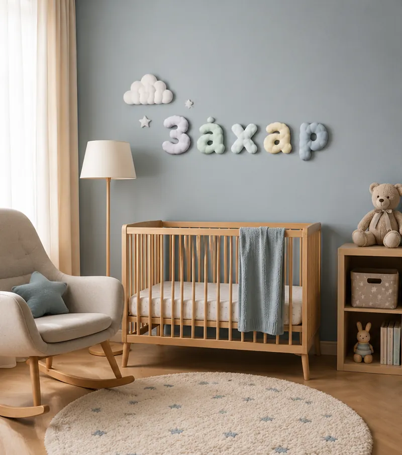 Объёмные облачные буквы «Захар» на стене детской комнаты